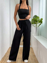 Women's Solid Color Halter Neck Vest And Wide Leg Pants Set